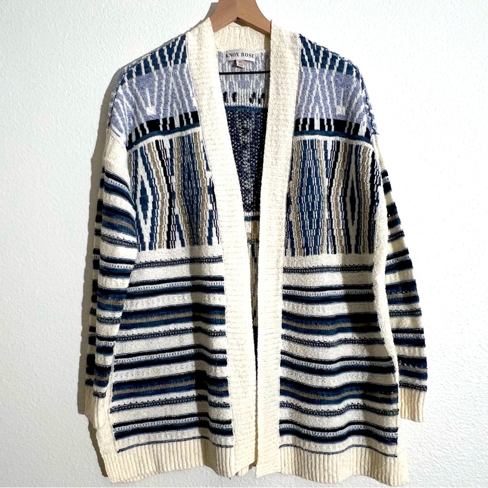 Knox Rose Knit Ivory Blue Copper Metallic Cardigan Size XL